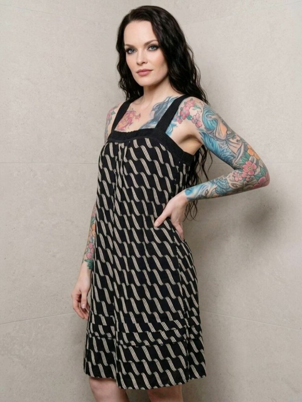 Maeve Anthropologie Linen Silk Blend Dress Black Cream Wave Tiered Geometric 4